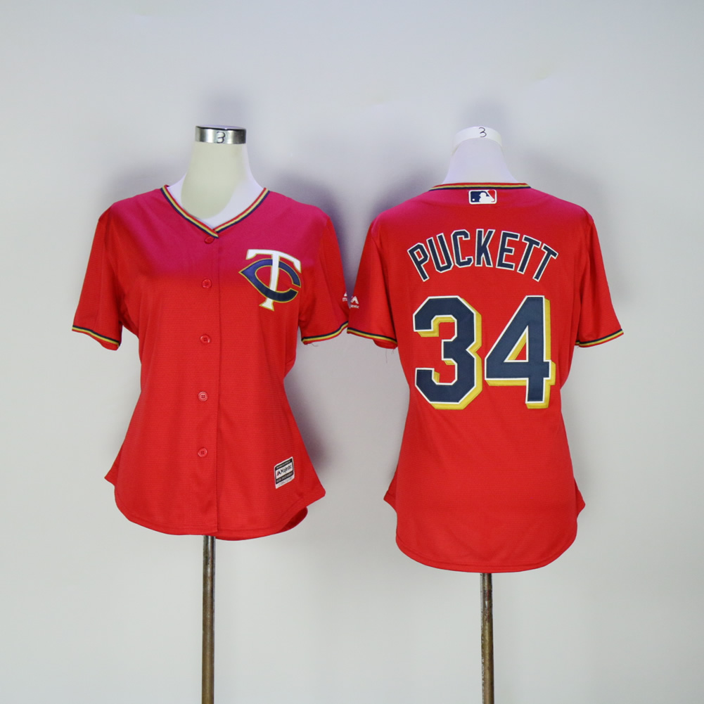 Women Minnesota Twins #34 Puckett Red MLB Jerseys->women mlb jersey->Women Jersey